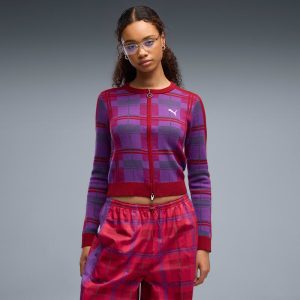 T7 Women's Tartan Slim Knitted Cardigan